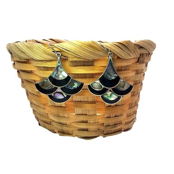 Handmade Alpaca Silver Abalone & Black Onyx Inlay Earrings - Picture 5 of 13